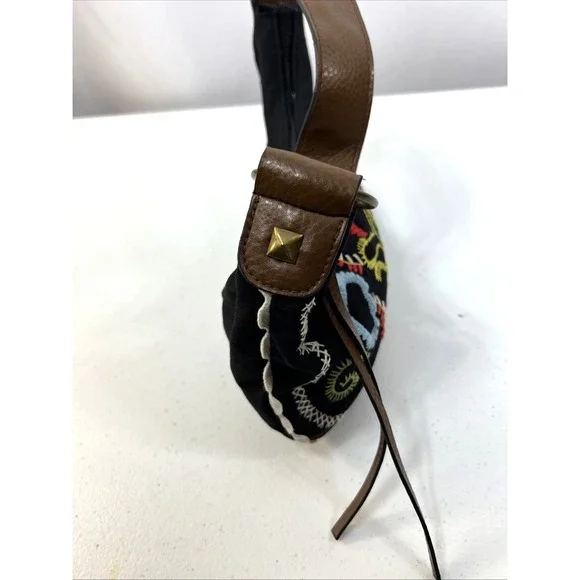 Old Navy Black Vintage Embroidered Bean Shape Butterfly Purse Faux Leather Strap - Picture 6 of 11